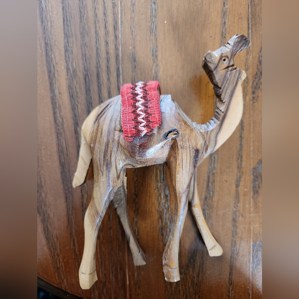 Middle Eastern Hand Carved Olive Wood Animal Figurines with Red Saddles Set Of 2 - Picture 6 of 6
